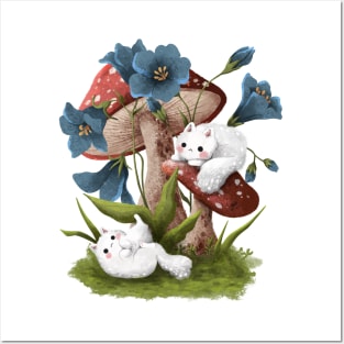 Cats, mushrooms and flowers Posters and Art
